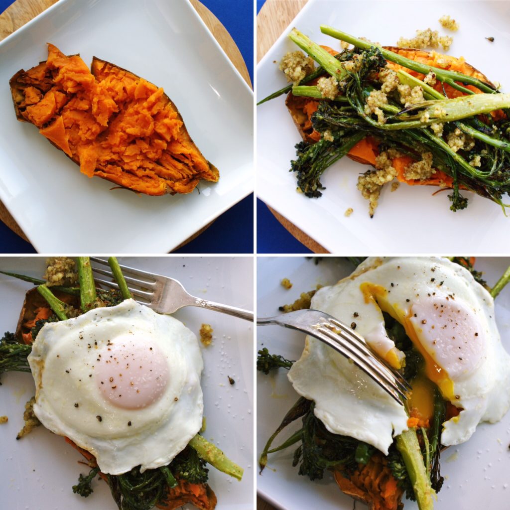 Roasted Broccolini with Almond Pesto topped with an egg