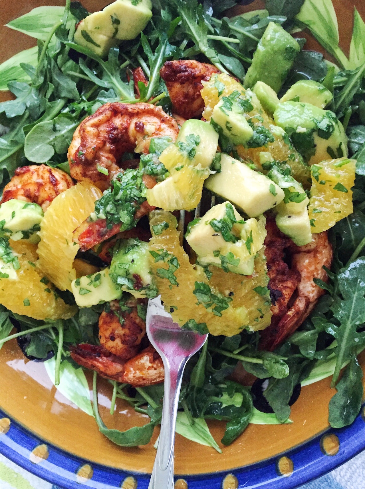 Avocado and Orange Salad with Spicy Honey Broiled Shrimp