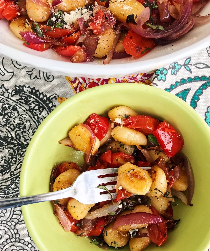 One Pan Crispy Gnocchi with Roasted Onion, Tomatoes and Bell Pepper