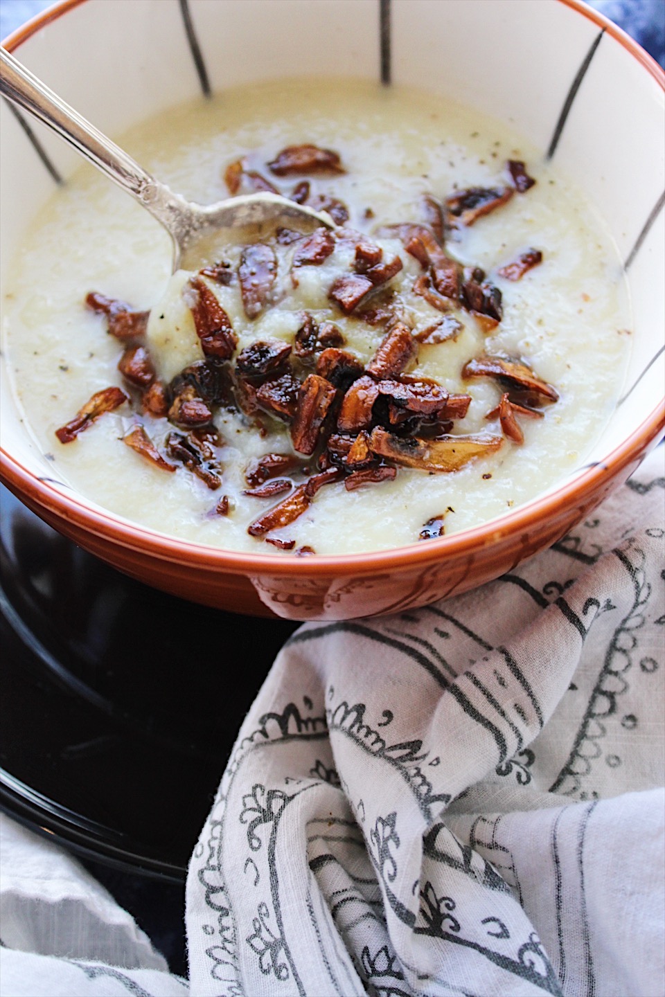 Soothing Cauliflower Soup with Mushroom Bacon Crunchies 