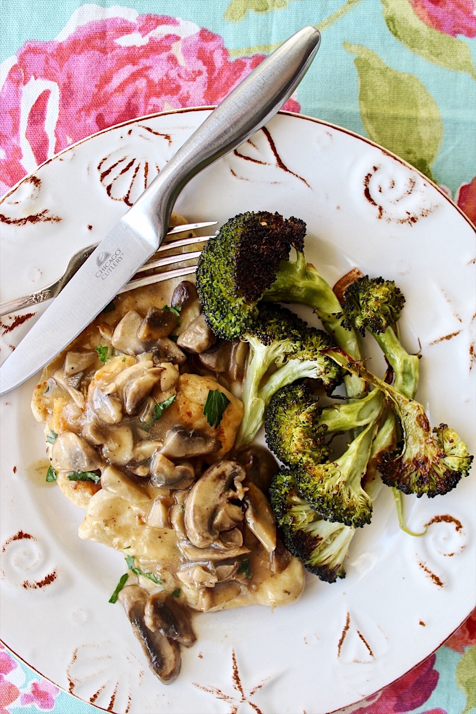 Chicken and Mushrooms with Garlic Roasted Broccoli